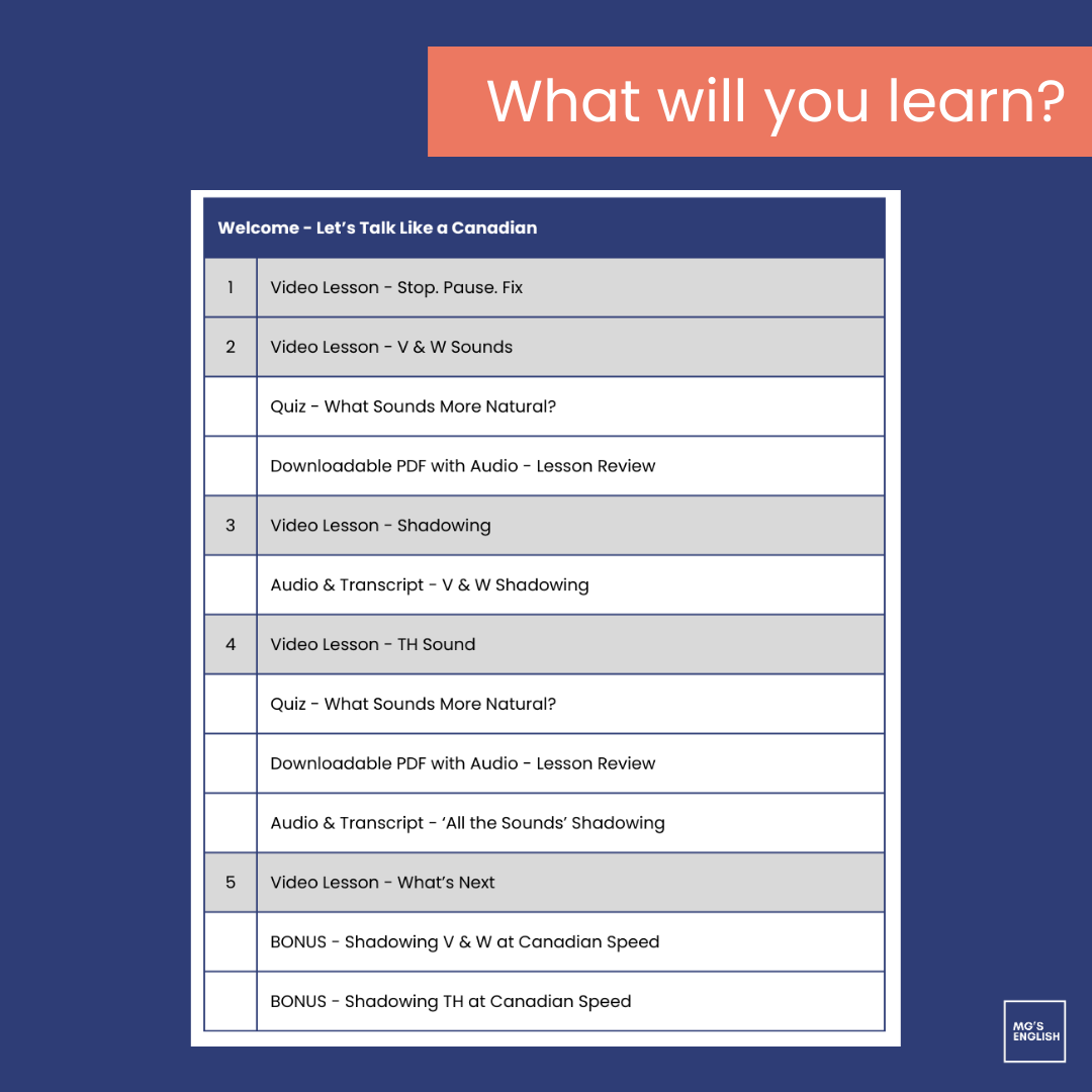 Course outline for learning to talk like a Canadian on a blue background with text overlay.